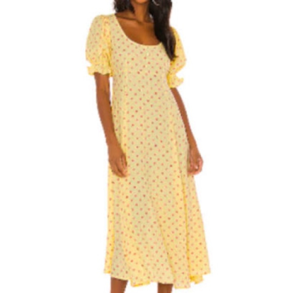 Faithful The Brand Linnie Midi Yellow Floral Dress Puff Sleeve Flowy 6 NEW
